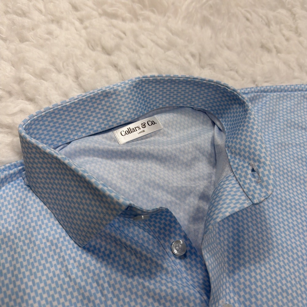 Collars Co. Firm Dress Collar Polo Shirt Men Large Blue White Office AOP Preppy